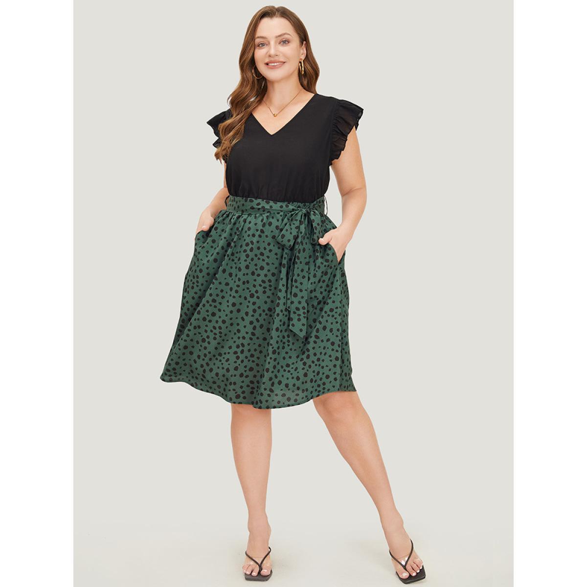 Plus Size Leopard Patchwork Pocket Belt Ruffle Dress DarkGreen Women Elegant Belted V-neck Cap Sleeve Curvy Knee Dress BloomChic 12/L Product Image