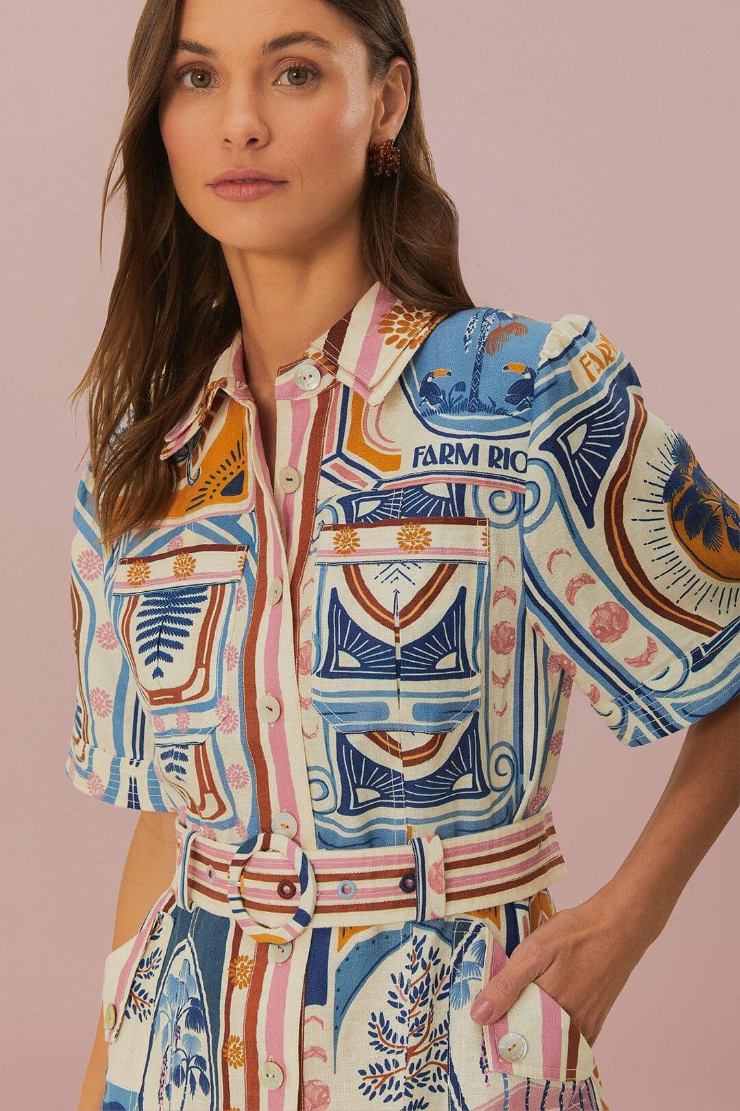Cream Cerrado Stamps Short Sleeve Mini Dress Product Image