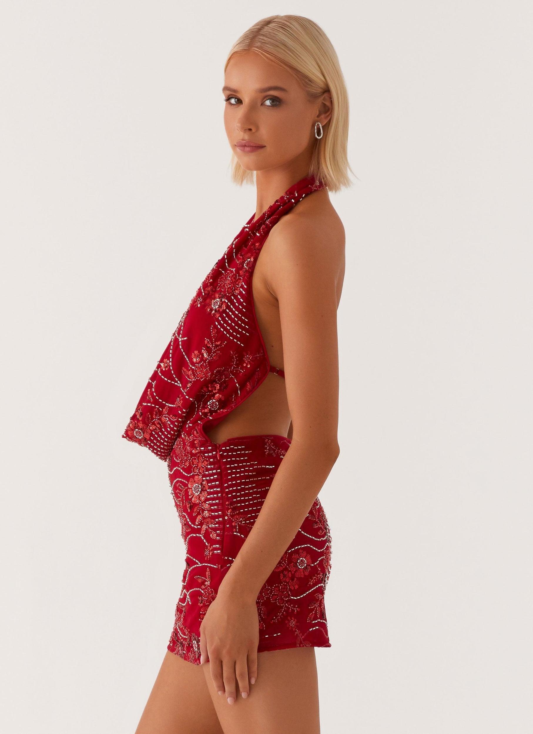 Olisa Cowl Neck Beaded Mini Dress - Red Product Image