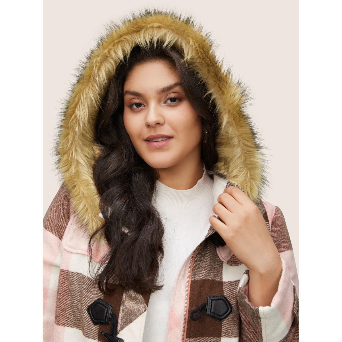 Plus Size Colorblock Contrast Fuzzy Trim Duffle Button Coat Women DustyPink Casual Lined Ladies Dailywear Winter Coats BloomChic 28/5X Product Image