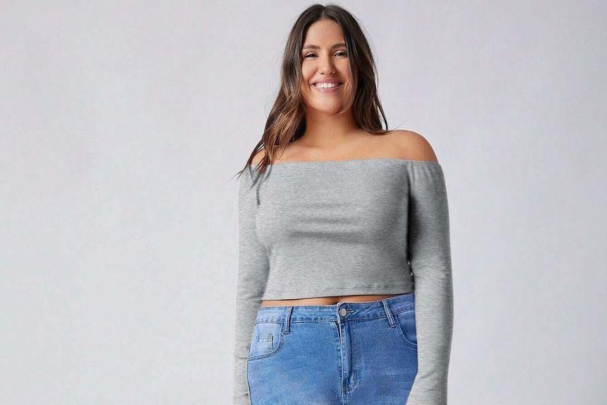 Plus Size Long-Sleeve Off-Shoulder Melange Crop Slim Fit Tee Product Image