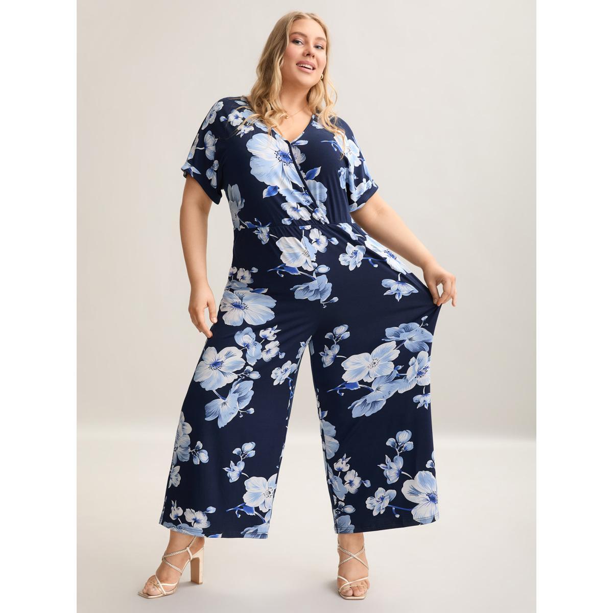 Plus Size DarkBlue Floral Print Knit Surplice Neck Jumpsuit Women Elegant Short sleeve Overlap Collar Everyday-Elegant Loose Jumpsuits BloomChic 12/L Product Image
