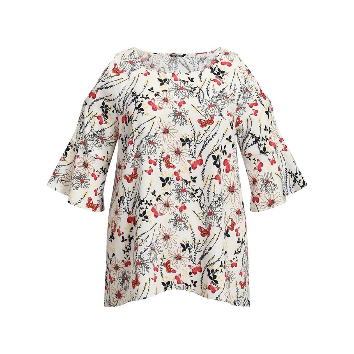 Plus Size Multicolor Butterfly & Floral Print Bell Sleeve Cut Out Blouse Women Elegant Elbow-length sleeve Round Neck Dailywear Blouses BloomChic 26/4X Product Image