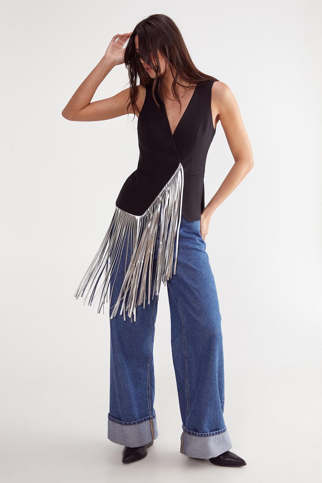 Tailored Faux Leather Fringed Top Product Image