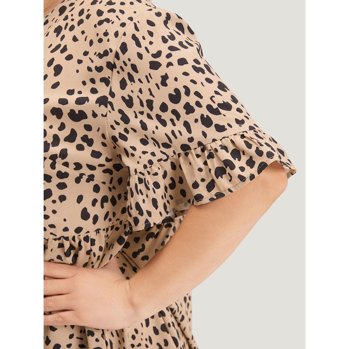 Plus Size Leopard Print Bell Sleeve Button Up Ruffle Layered Hem Dress Leopard Women Elegant Button V-neck Half Sleeve Curvy Knee Dress BloomChic 18-20/2X Product Image