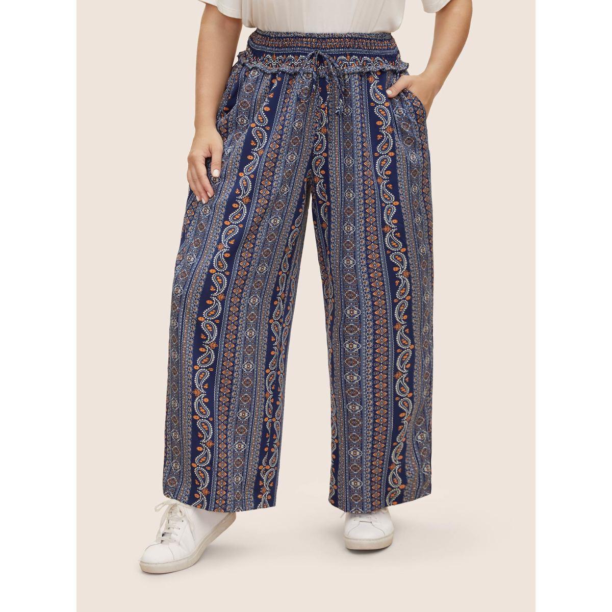 Plus Size Bandana Print Frill Trim Drawstring Pants Women Indigo Casual Wide Leg Mid Rise Everyday Pants BloomChic 28/5X Product Image