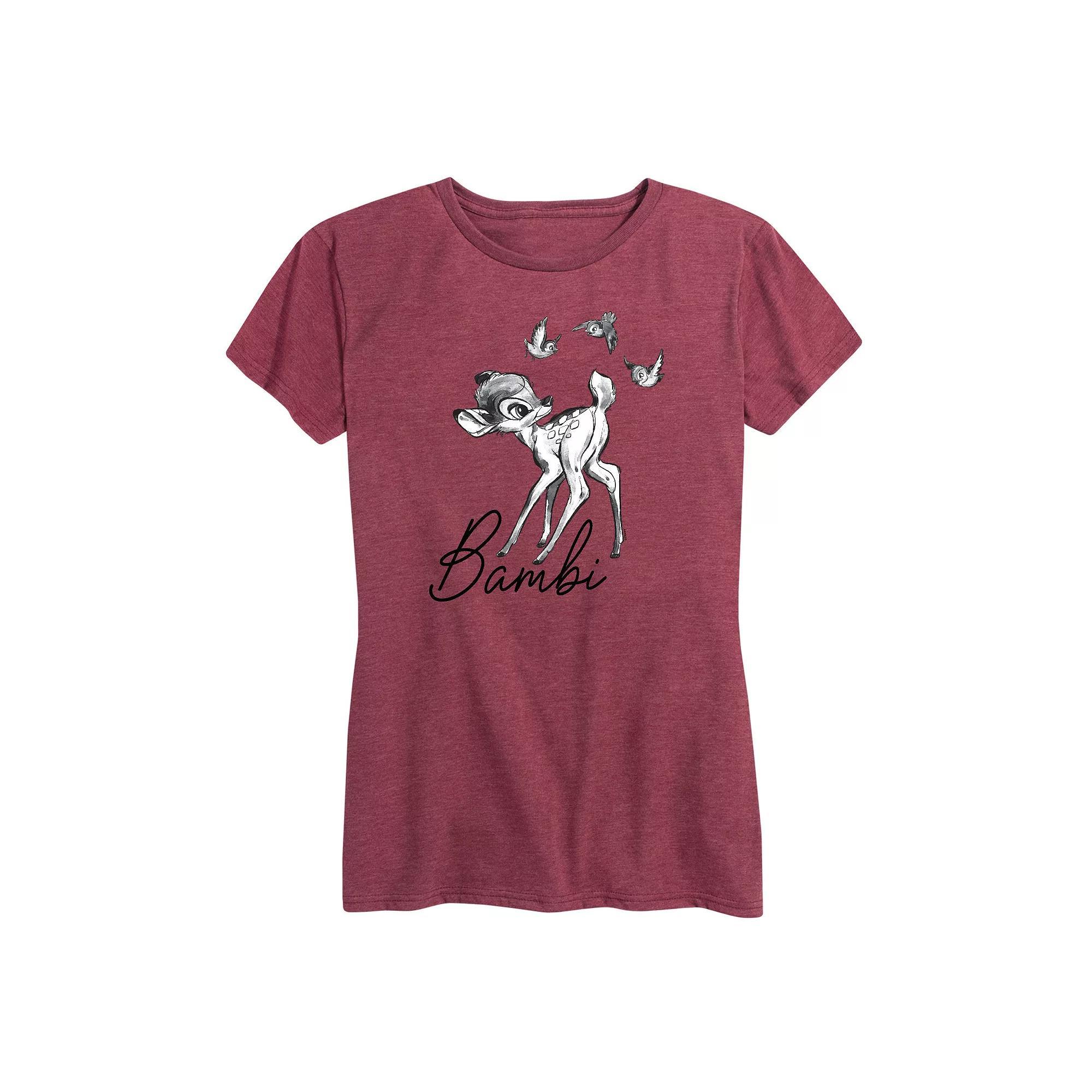 Disneys Bambi Womens Black White Watercolor Graphic Tee Grey Dark Red Product Image
