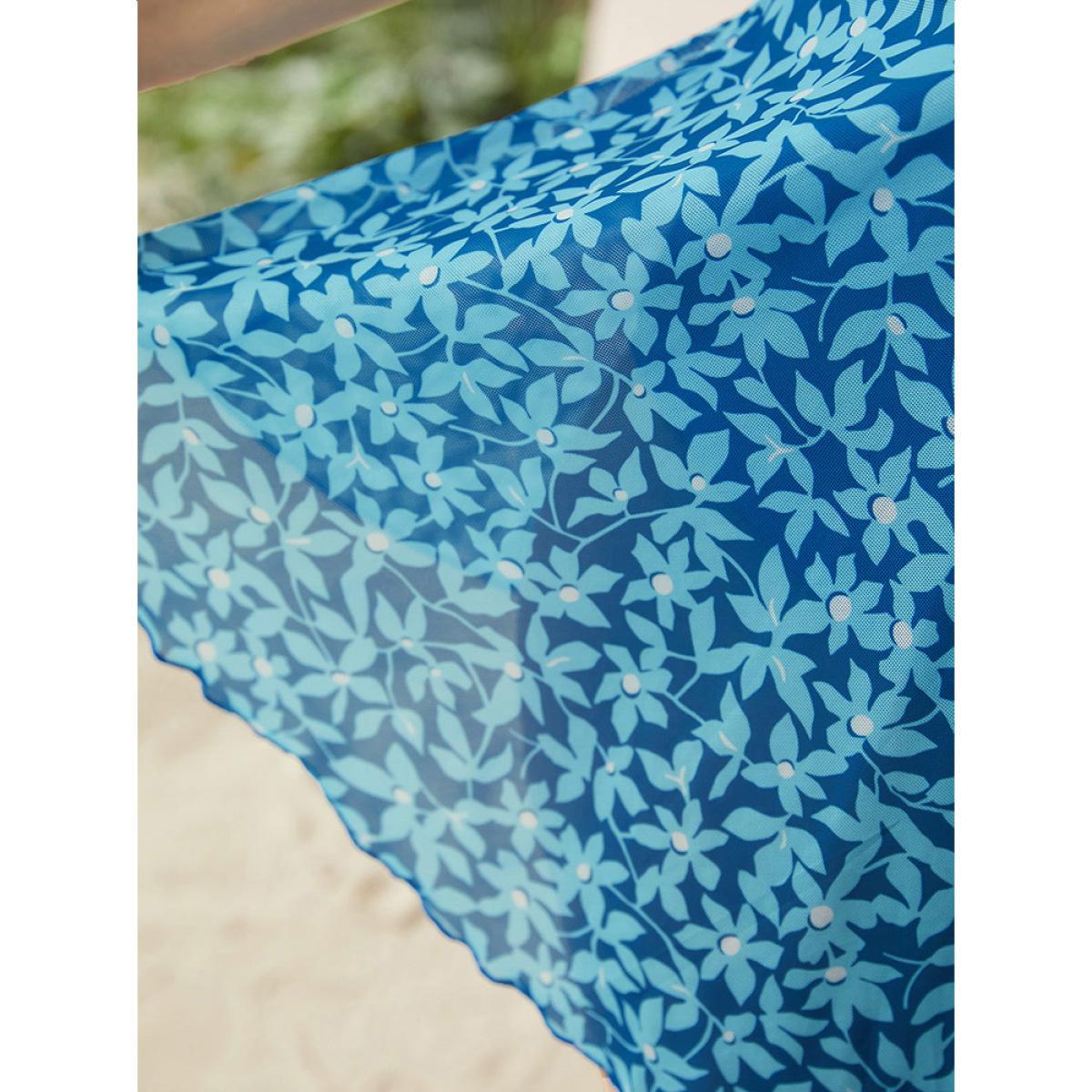 Plus Size Floral Print Contrast Trim Ruffle Tiered Swim Dress Women's Swimwear Blue Vacation Bodycon V-neck High stretch Curve Swim Dresses BloomChic 14-16/1X Product Image