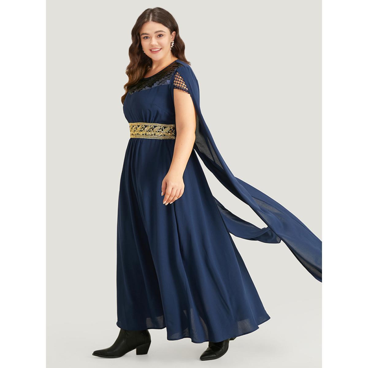 Plus Size Halloween Sequin Detail Embroidered Cut Out Dress DarkBlue Women Elegant Patchwork Round Neck Sleeveless Curvy Long Dress BloomChic 30/6X Product Image