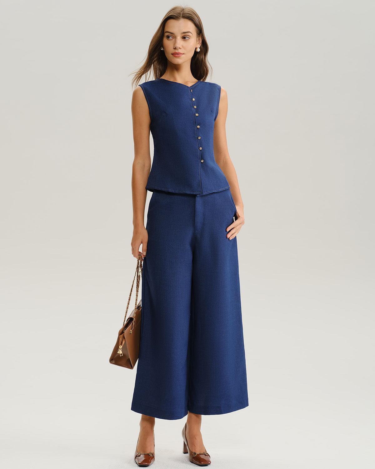 Blue Natural Waisted Wide Leg Pants Product Image
