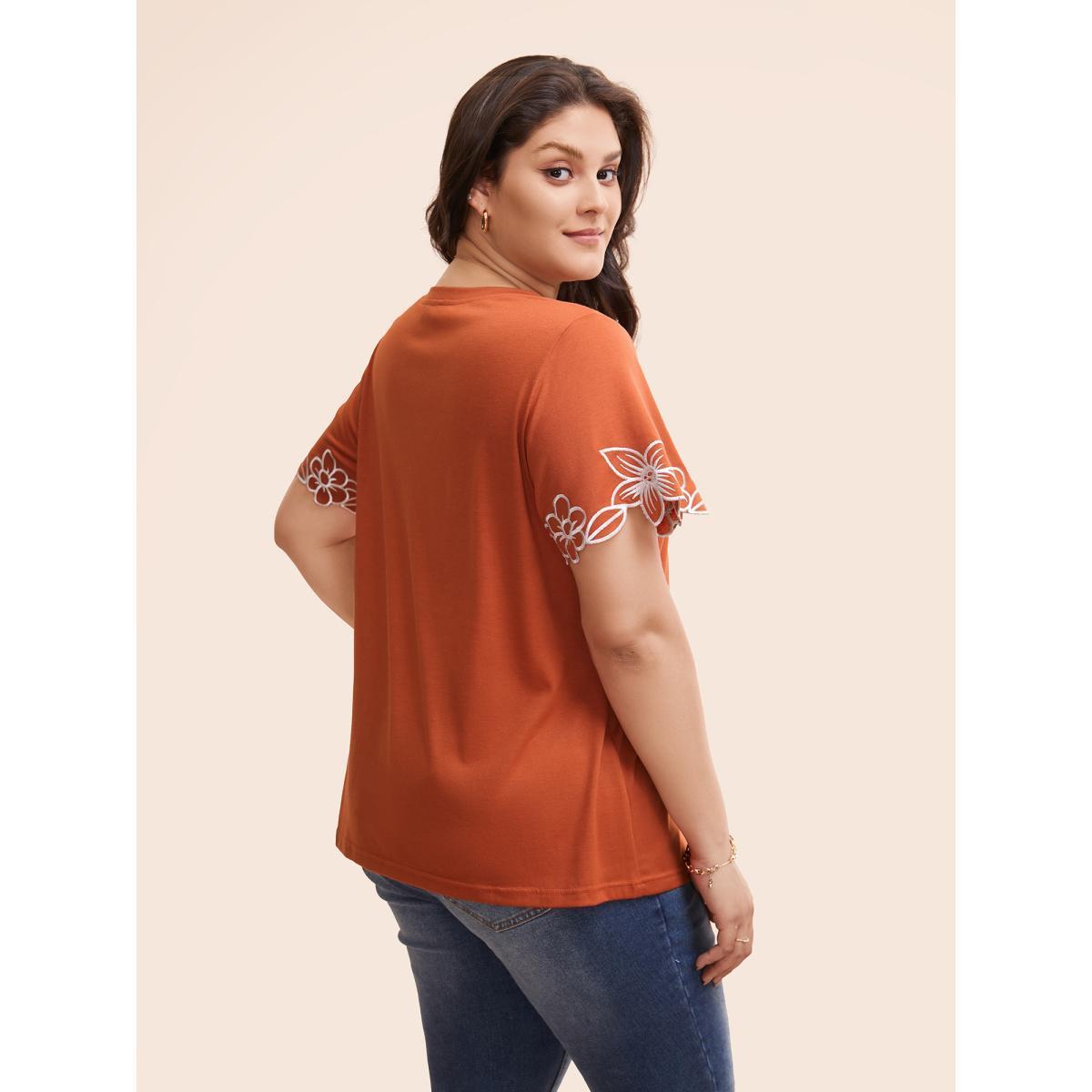 Plus Size V Neck Floral Embroidered T-shirt Rust Women Resort Embroidered V-neck Vacation T-shirts BloomChic 12/L Product Image