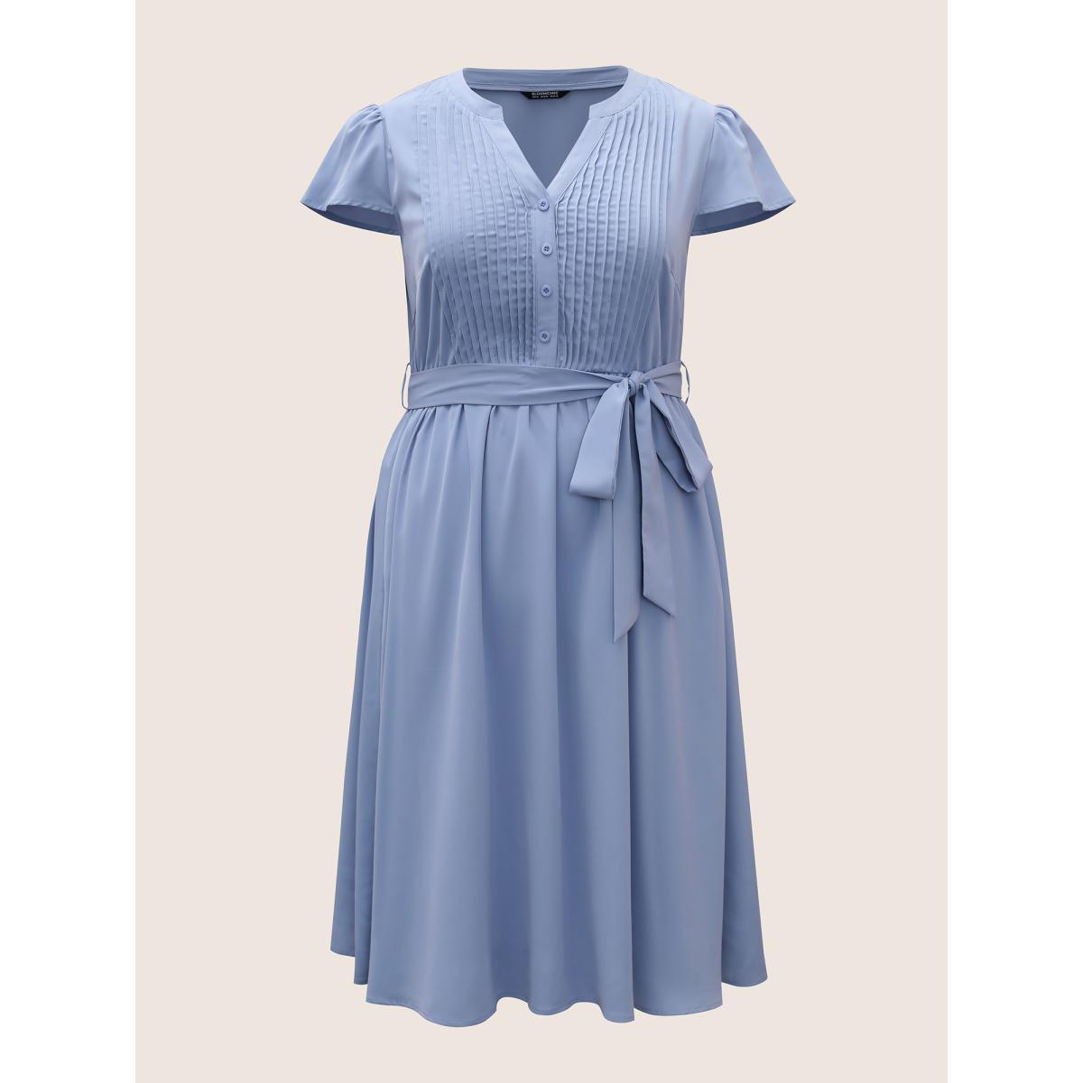 Plus Size Plain Pleated Button Detail Cap Sleeve Dress Stone Women At the Office Tucked seam Flat collar with V-notch Cap Sleeve Curvy BloomChic 10/M Product Image