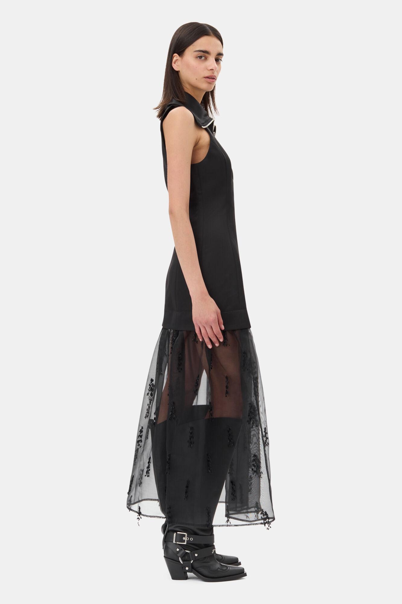 Black Fringed Organza Long Dress Product Image