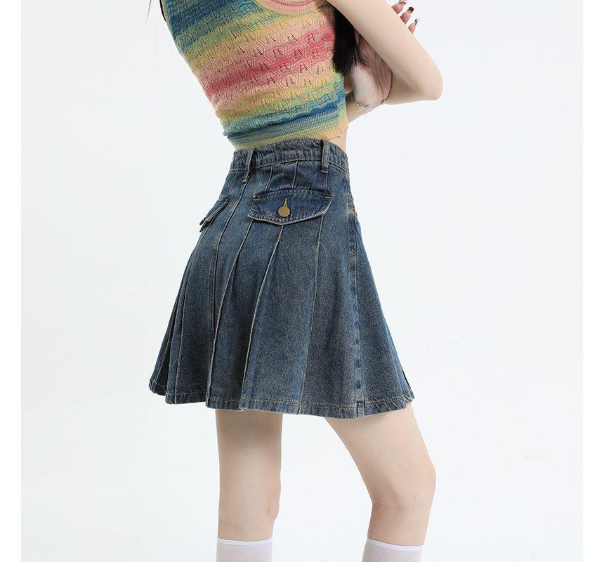 High Waist Washed Denim Mini A-Line Skirt Product Image