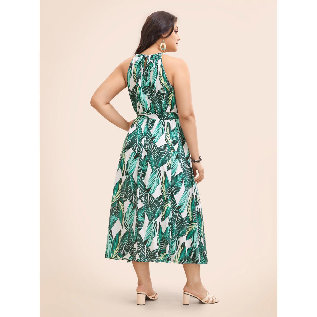 Plus Size Tropical Print Knotted Pocket Ruffles Belted Halter Dress Emerald Women Resort Non Halter neck Sleeveless Curvy Midi Dress BloomChic 10/M Product Image