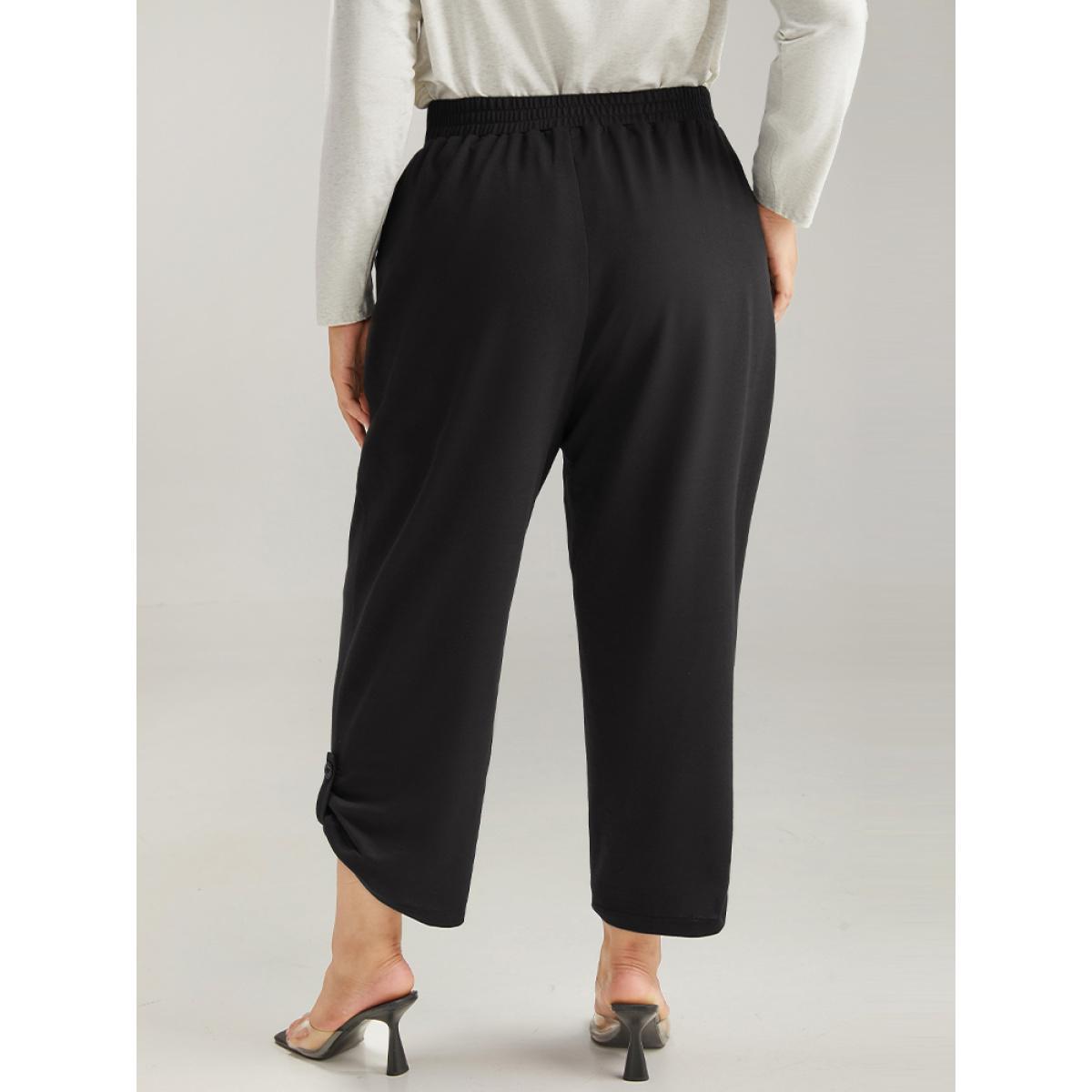 Plain Elastic Waist Button Detail Sweatpant Black Plus Size Women Casual Dailywear Plain 26/4X Bloomchic Product Image