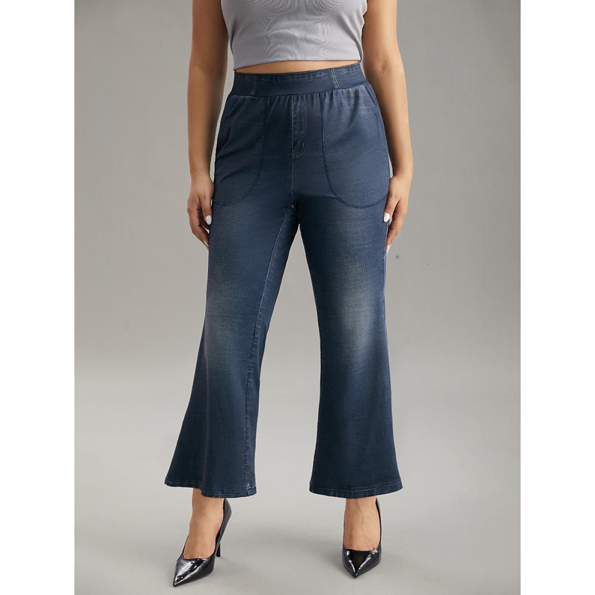 Plus Size Denim Effect Print Elastic Waist Flare Leg Leggings Women Stone Casual High stretch Flare Leg High Rise Everyday Leggings BloomChic 18-20/2X Product Image