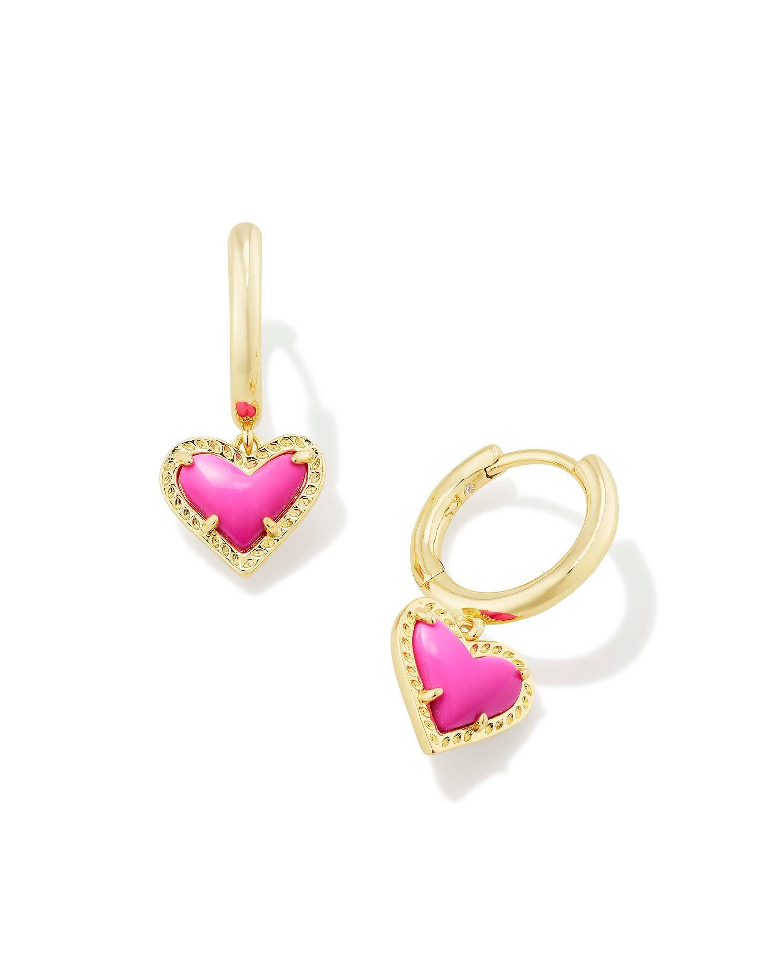 Ari Heart Gold Huggie Earrings Neon Pink Magnesite Product Image