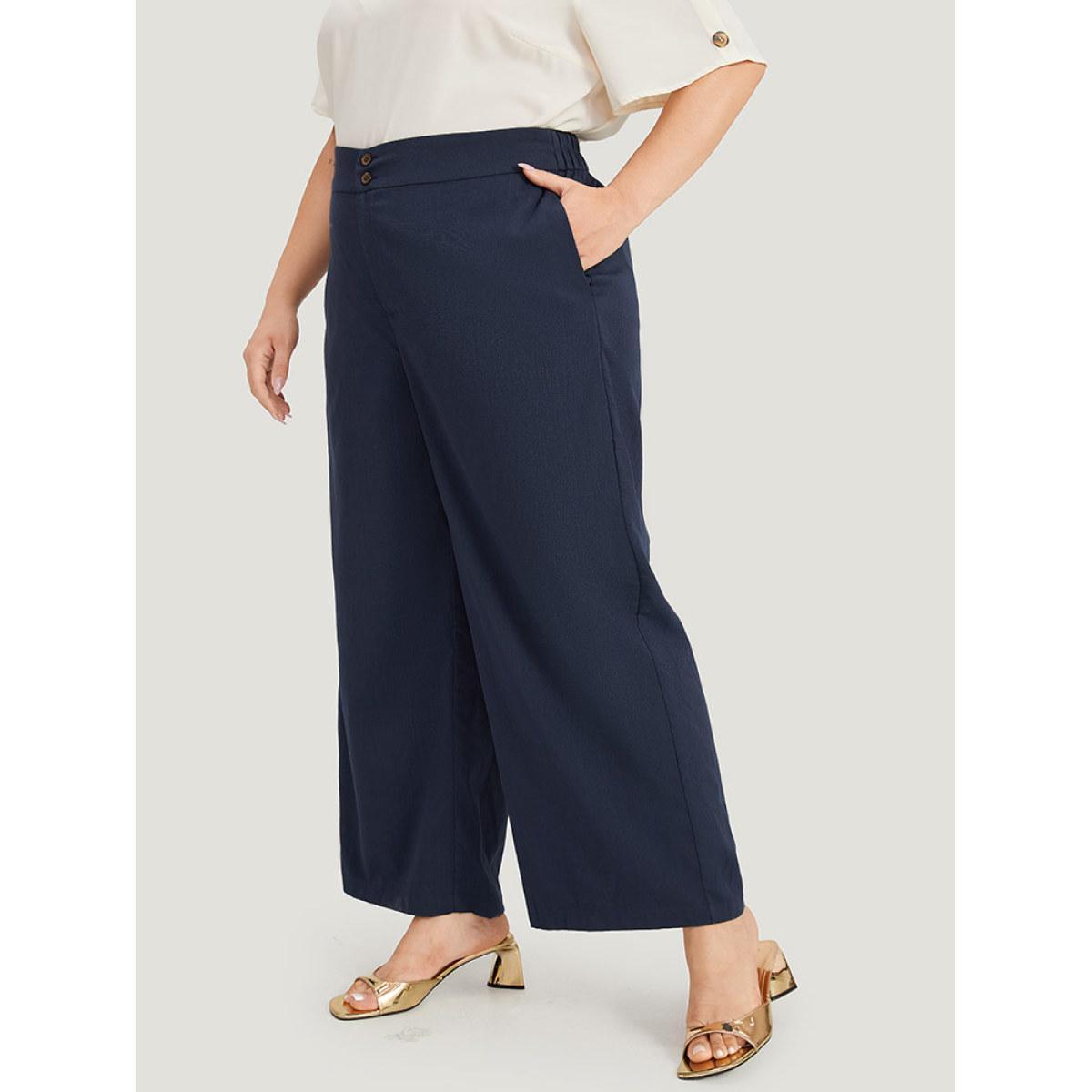 Plus Size Solid Button Up Pocket Wide leg High Rise Pants Women Indigo Office Straight Leg High Rise Work Pants BloomChic 14-16/1X Product Image