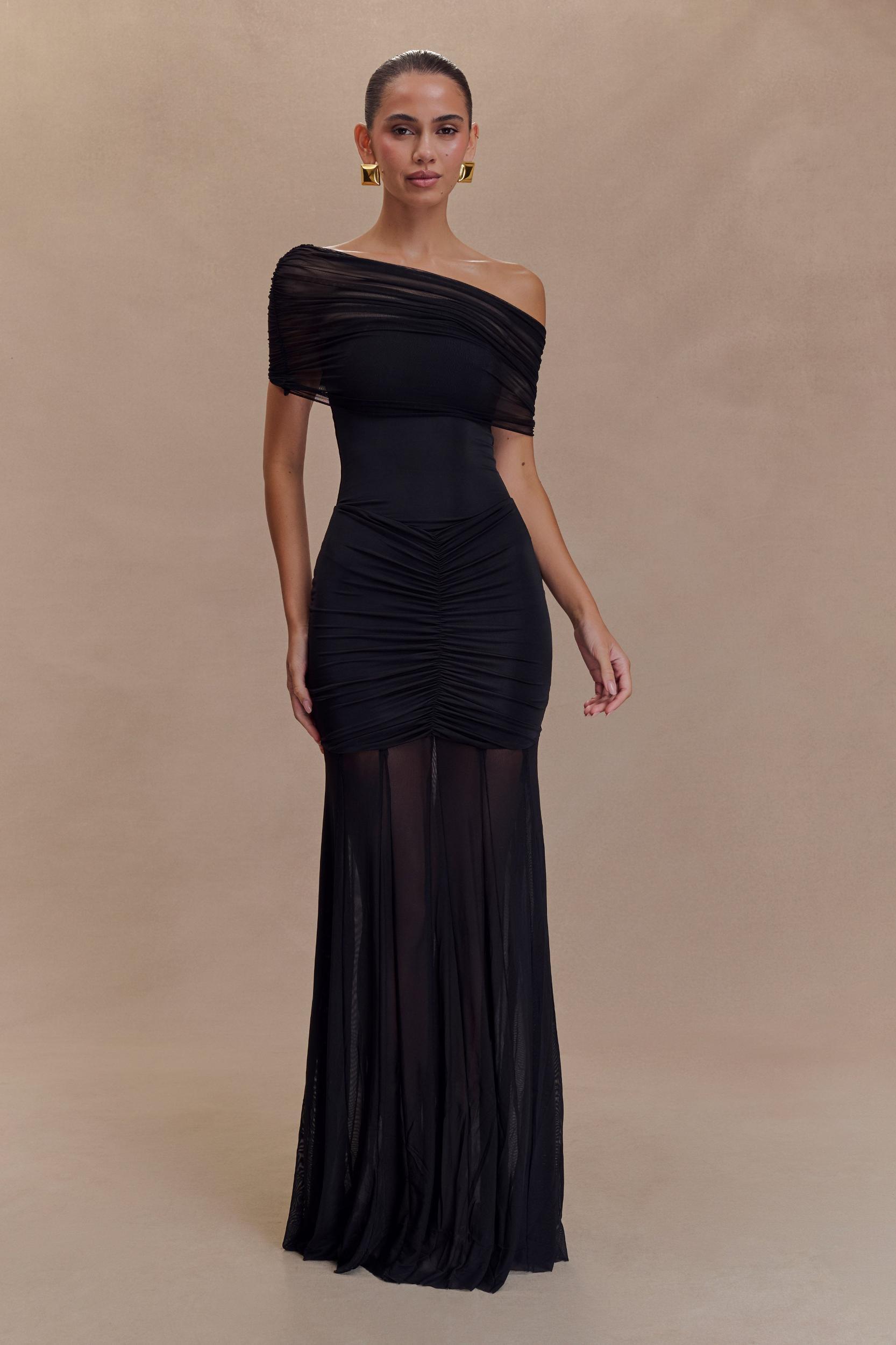 Caspian Slinky And Mesh Off Shoulder Maxi Dress - Black Product Image