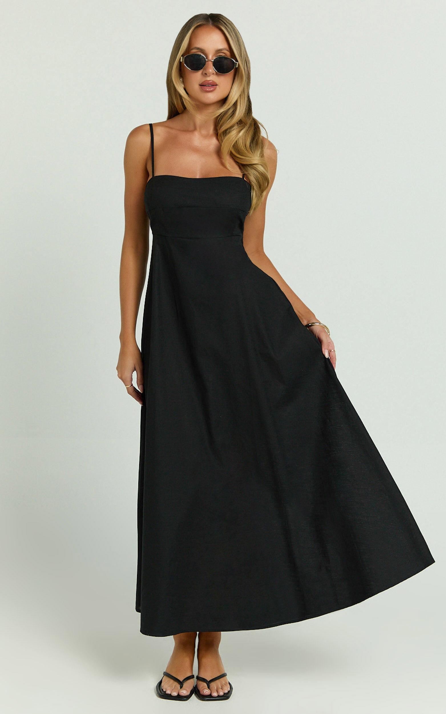Brette Midi Dress - Linen Straight Neck Strappy Fit And Flare Dress in Black Product Image