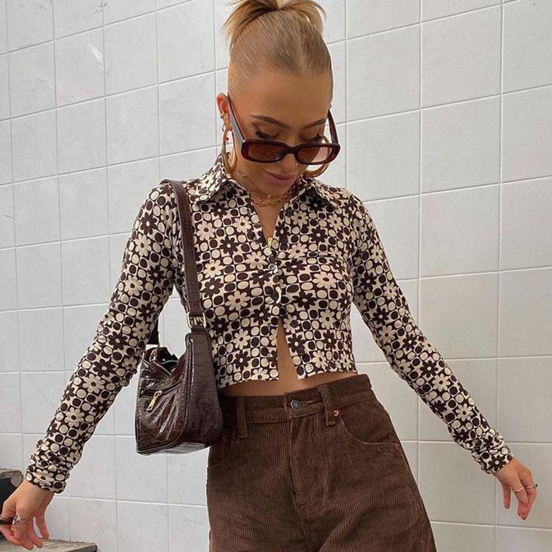 Long Sleeve Collared Printed Cropped Shirt Product Image