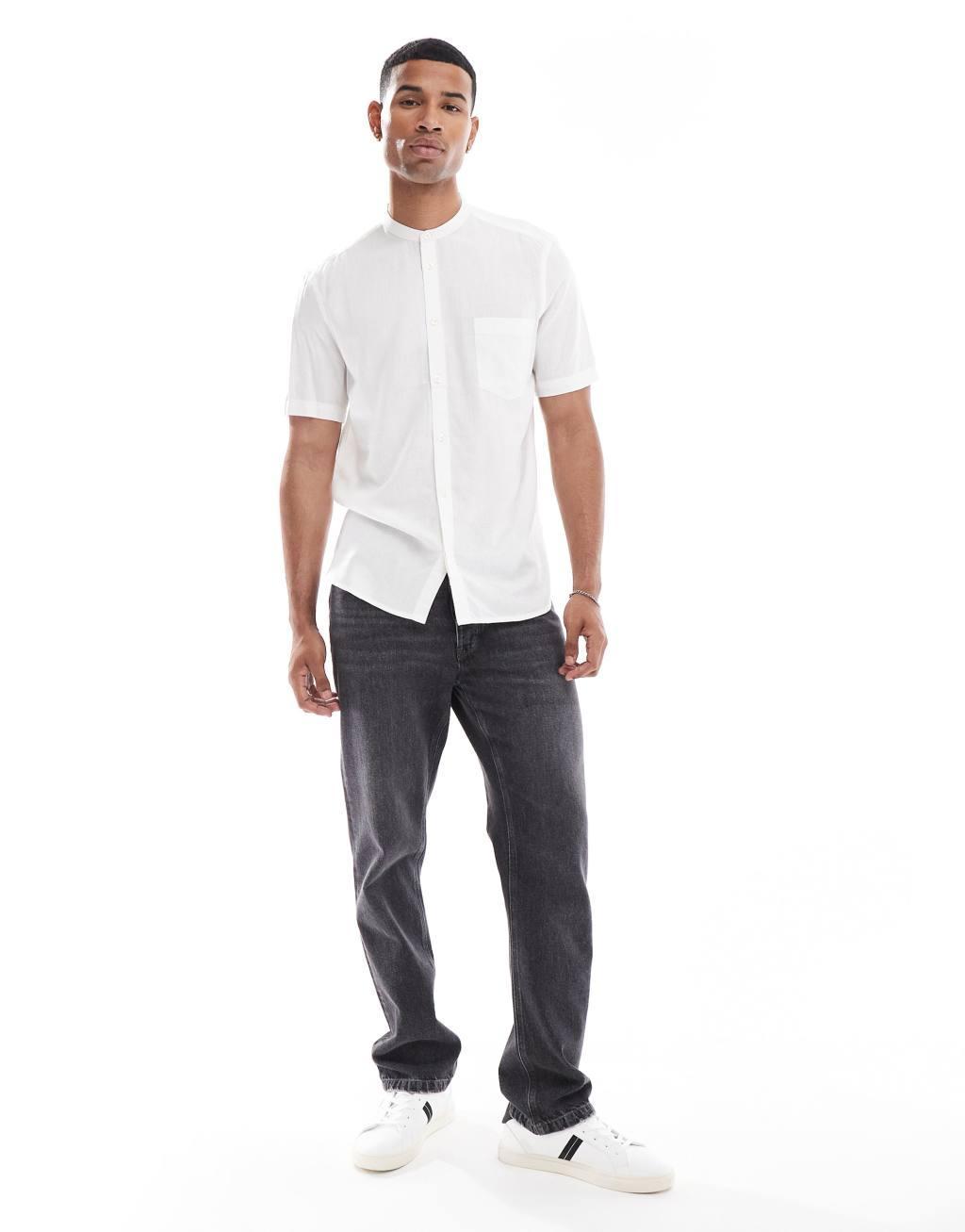 French Connection short sleeve grandad collar linen shirt in white Product Image