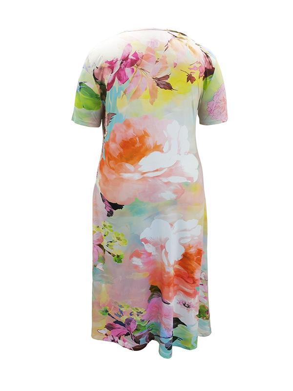 A-Line Loose Flower Print Pockets Round-Neck Midi Dresses Product Image