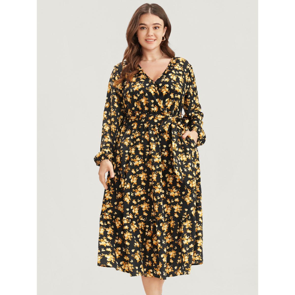Plus Size Floral Printed Pocket Lantern Sleeve Belted Wrap Midi Dress Black Women Elegant V-neck Long Sleeve Curvy Midi Dress BloomChic 12/L Product Image
