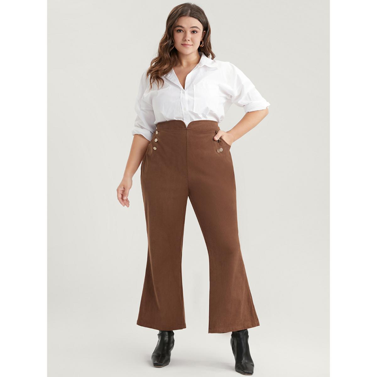 Plus Size Solid Pocket Button Detail Corduroy Flare Leg Pants Women DarkBrown Office Flare Leg High Rise Work Pants BloomChic 26/4X Product Image