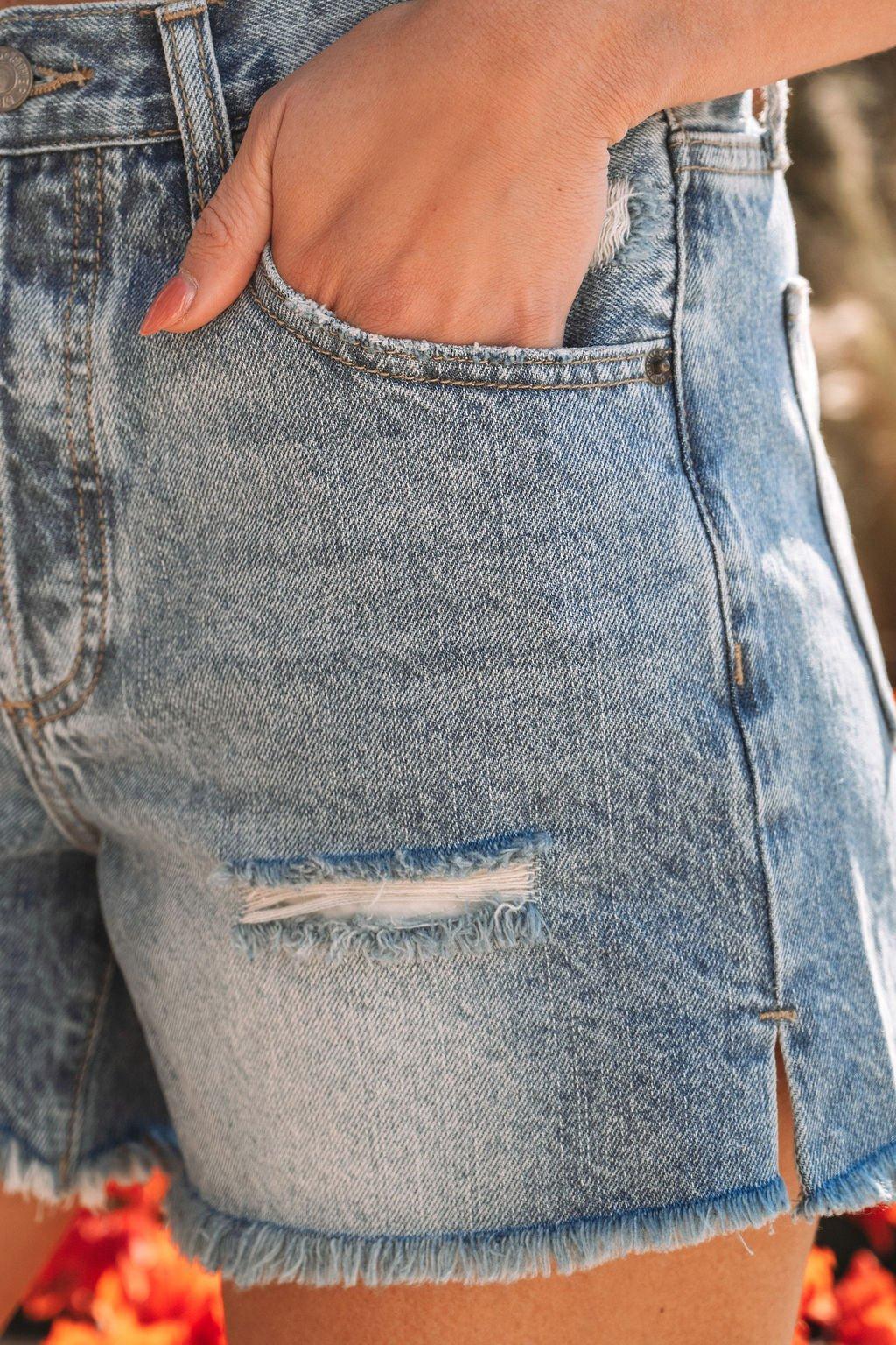 Medium Wash Distressed Denim Shorts Product Image