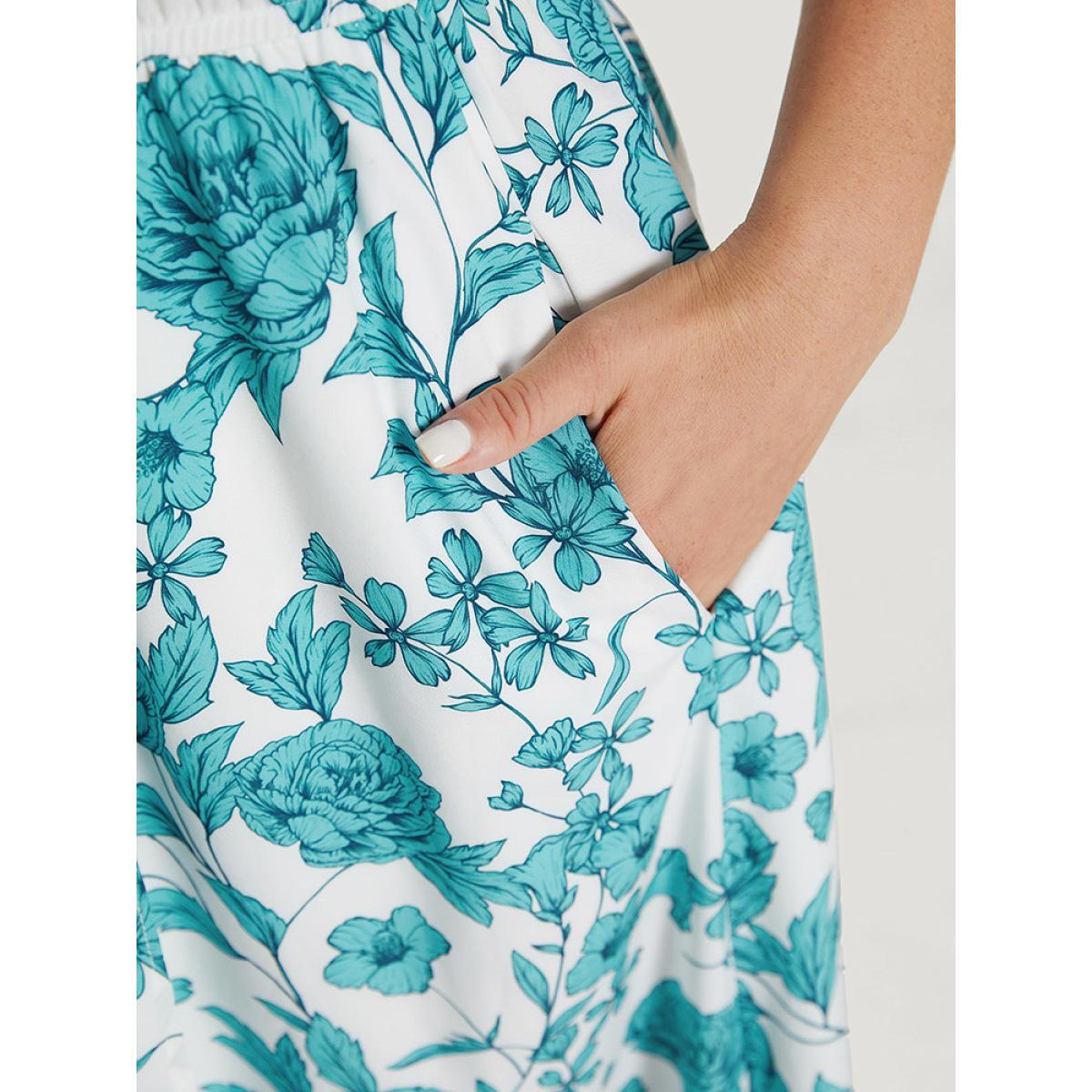 Plus Size Floral Print Pocket V Neck Asymmetrical Hem Tank Dress Teal Women Elegant Lined V-neck Sleeveless Curvy Midi Dress BloomChic 22-24/3X Product Image