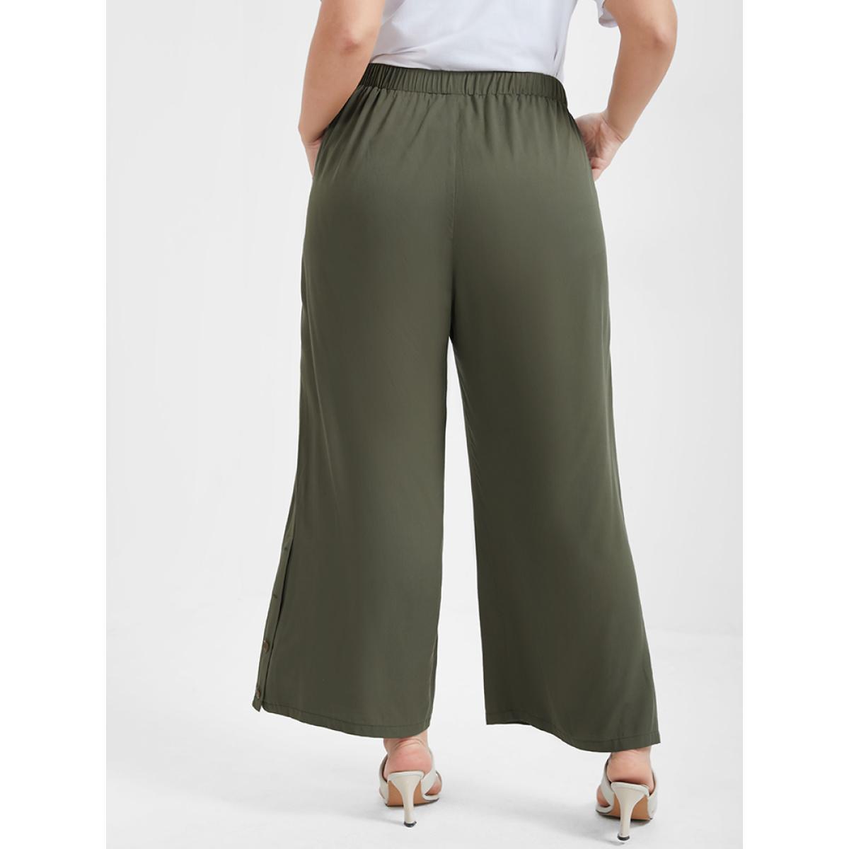 Plus Size Solid Button Elastic Waist Pocket Loose Pants Women ArmyGreen Elegant High Rise Dailywear Pants BloomChic 12/L Product Image