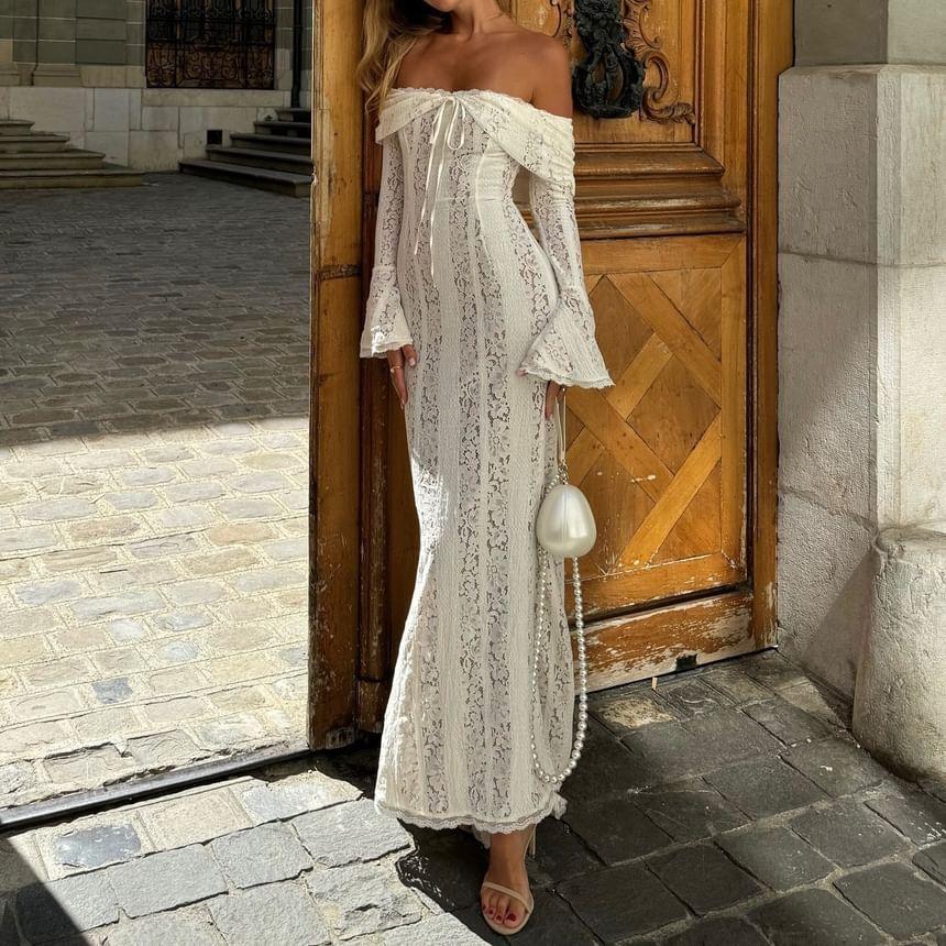 Off-The-Shoulder Long Sleeve Floral Lace Trim Mermaid Maxi Dress Product Image