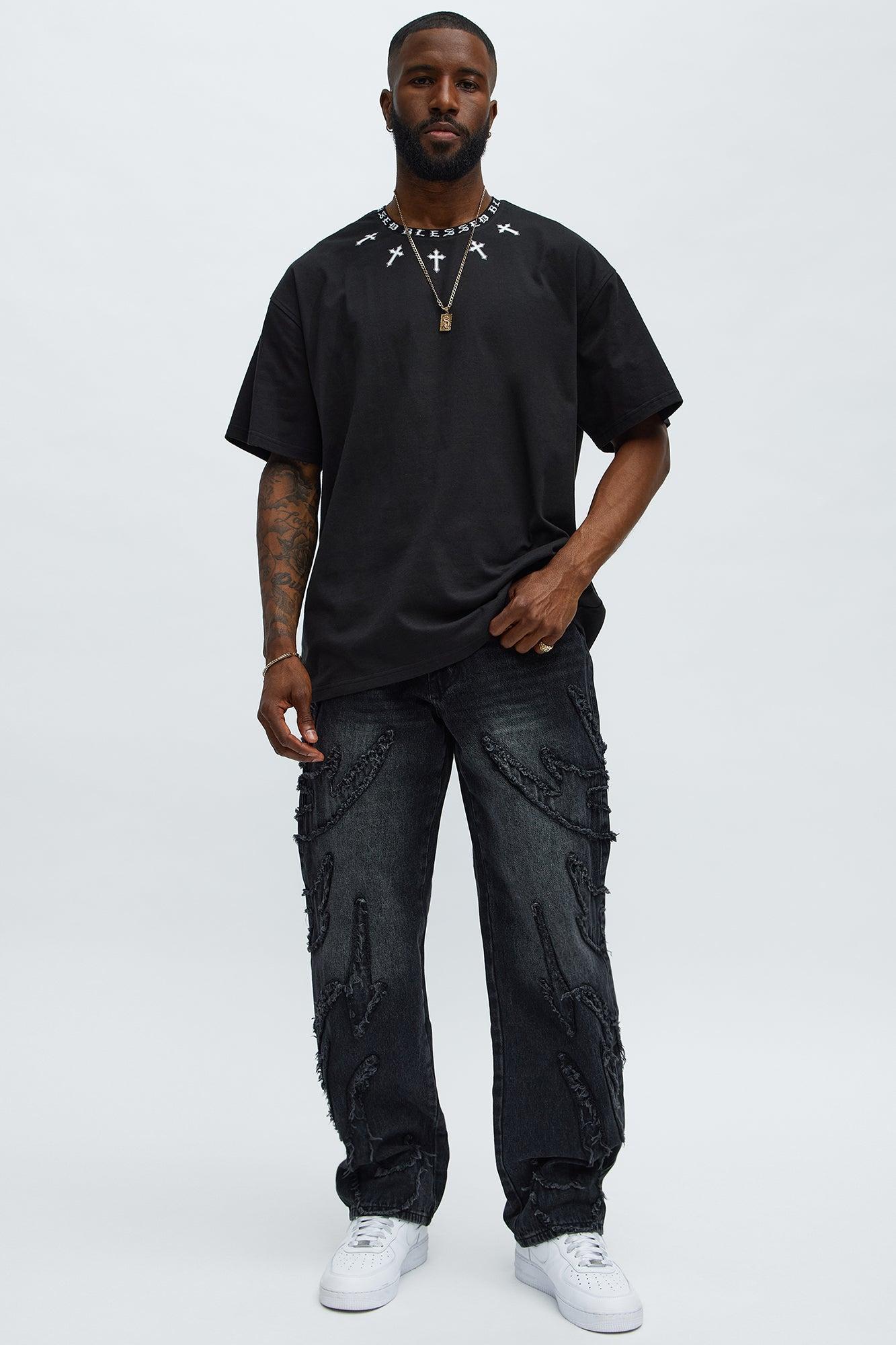 Relaxed Straight Rugged Fray Jeans - Black Wash Product Image