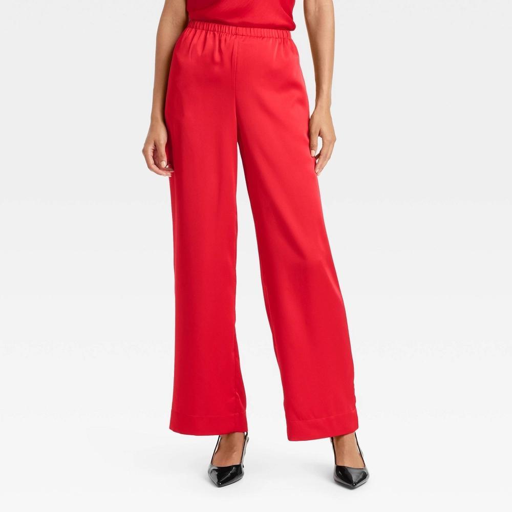 Womens Mid-Rise Straight Leg Satin Pull-On Pants - A New Day Red XL Product Image