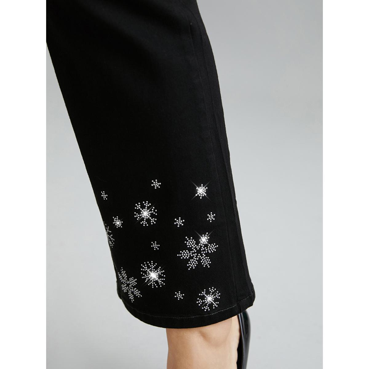 Plus Size Snowflake Rhinestone Very Stretchy Jeans Women Black Casual Graphic-Christmas Rhinestone detailing High stretch Pocket Jeans BloomChic 30/6X Product Image