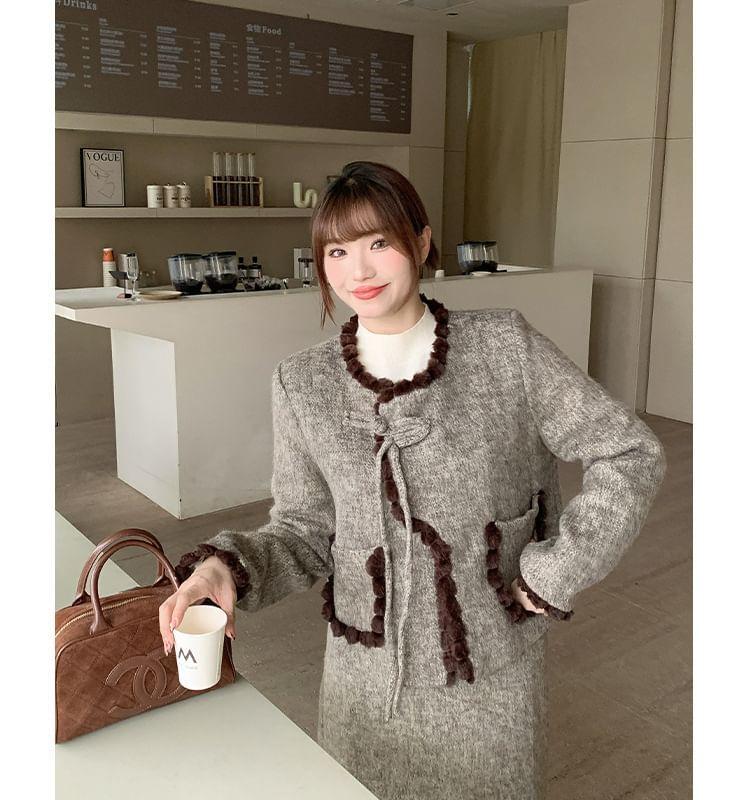 Set: Round Neck Fluffy Trim Frog Closure Jacket + High Rise Midi A-Line Skirt Product Image