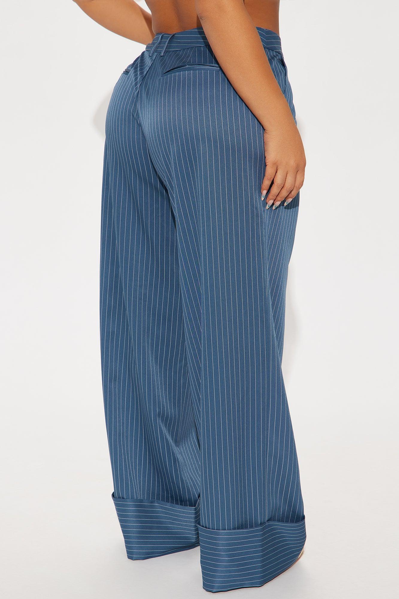 On A Tight Schedule Pinstripe Cuffed Trouser Pant - Blue Product Image