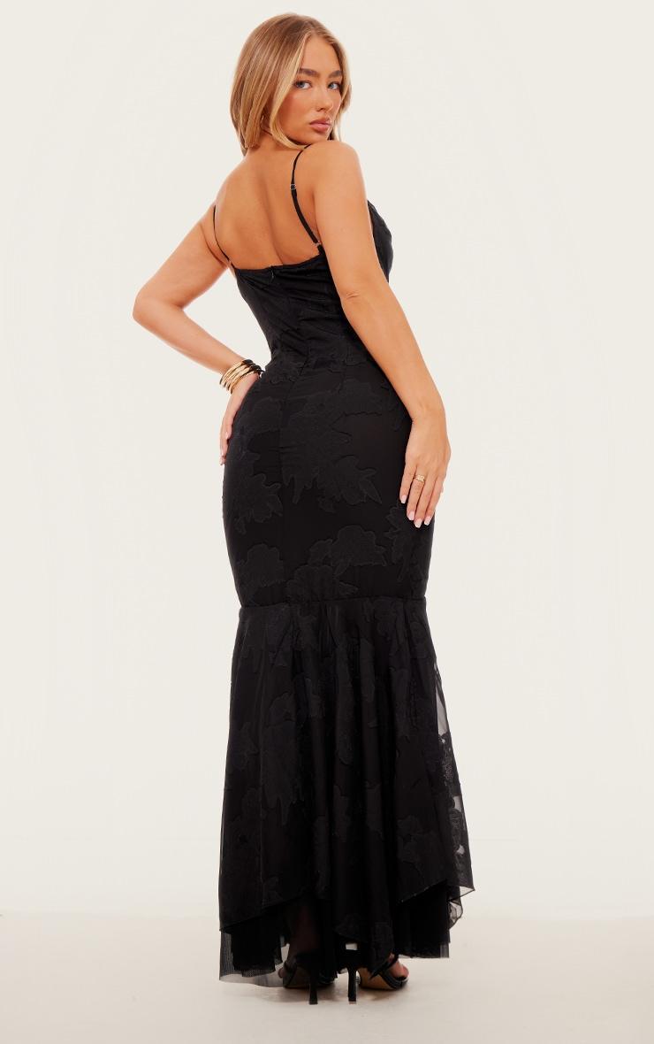 Black Floral Devoure Cowl Neck Frill Hem Maxi Dress Product Image