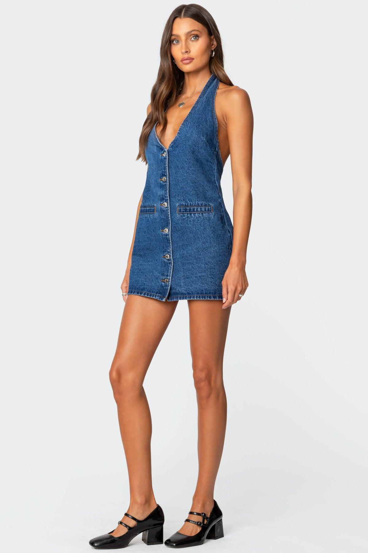Destinee Denim Halter Mini Dress Product Image