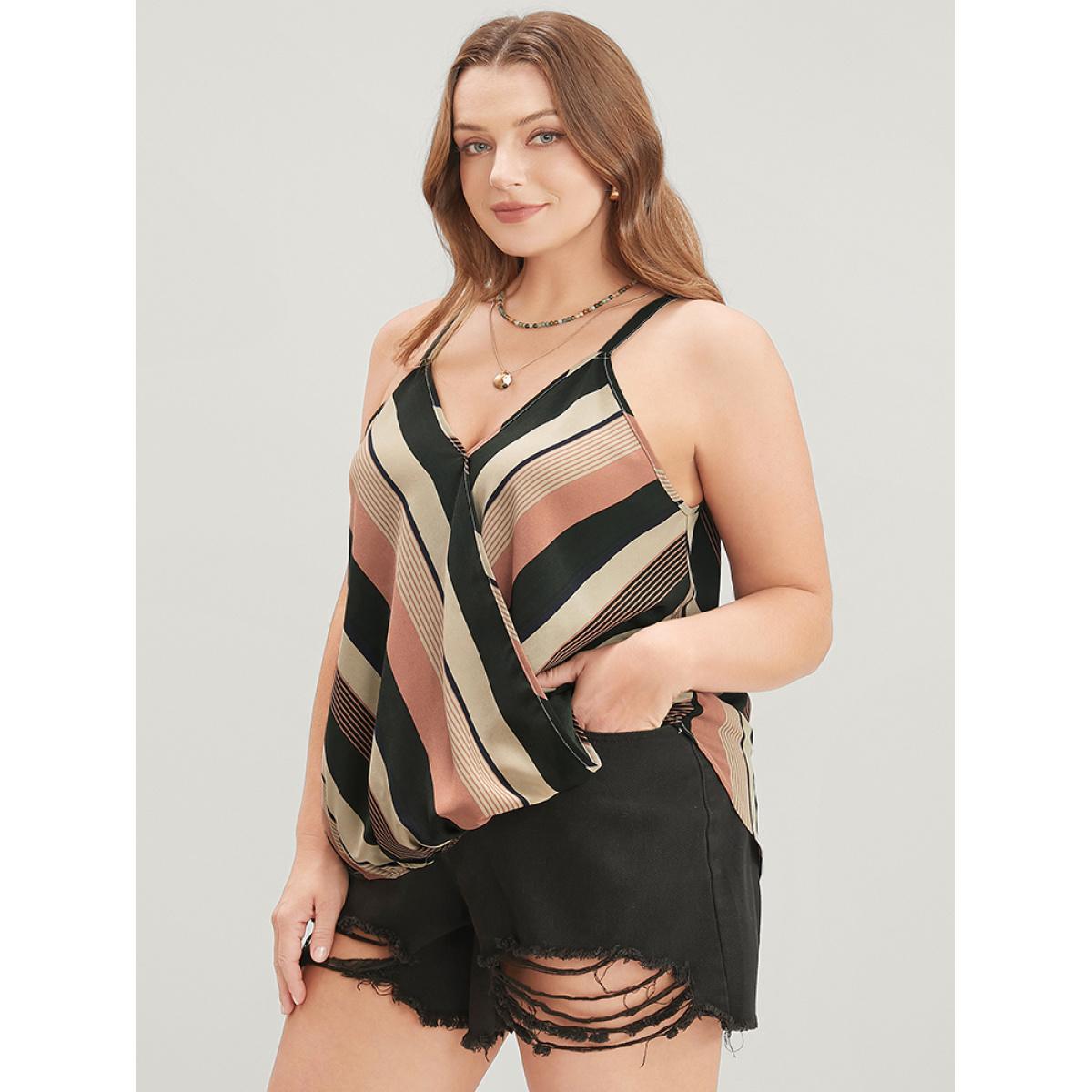 Plus Size Striped Contrast Surplice Neck Cami Top Women Multicolor Vacation Wrap V-neck Dailywear Tank Tops Camis BloomChic 22-24/3X Product Image