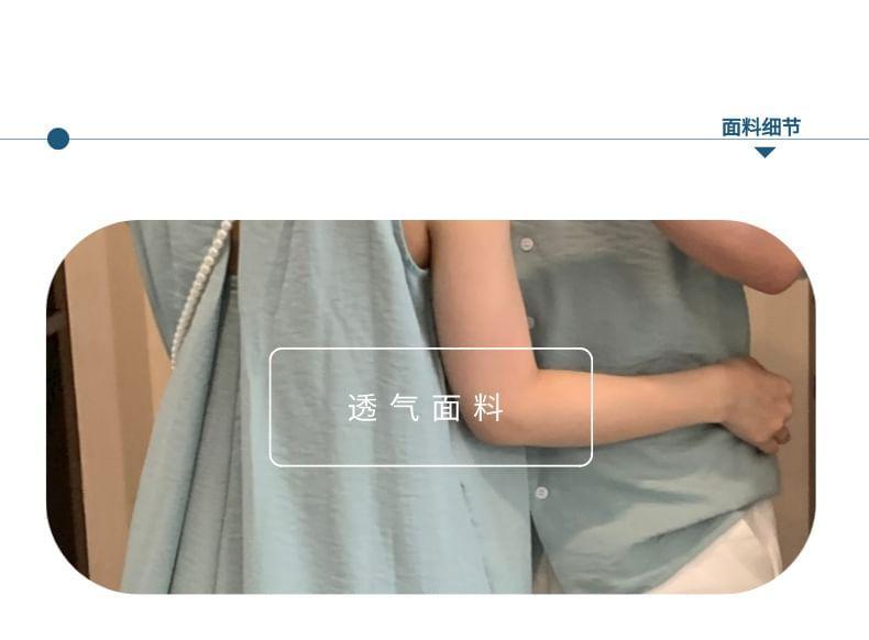 Couple Matching Sleeveless Crew Neck Plain Midi A-Line Dress / Short-Sleeve Lapel Collar Shirt / Mid Rise Shorts / Set Product Image