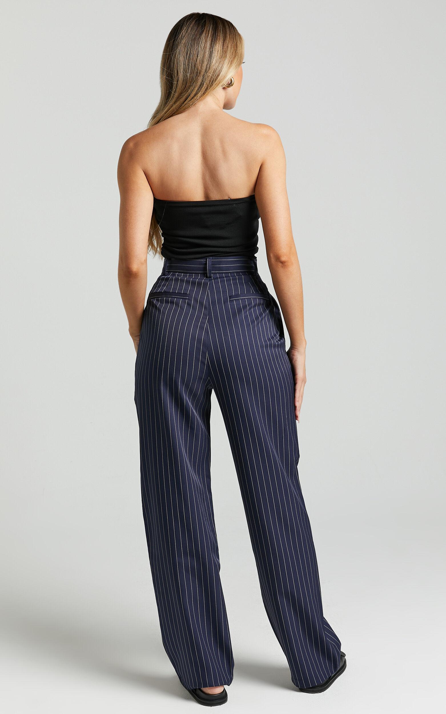 Iyah Pants - High Waisted Tailored Pants in Navy Pinstripe Product Image