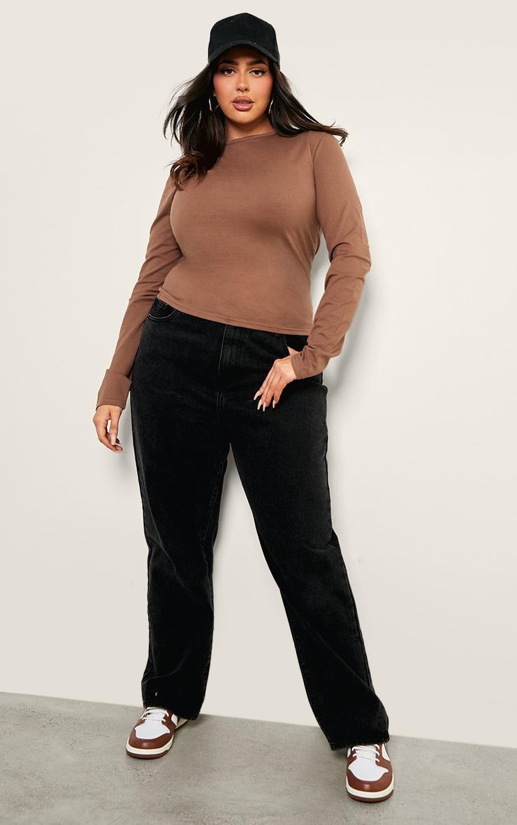 Plus Taupe Premium Cotton Long Sleeve Fitted T-shirt Product Image