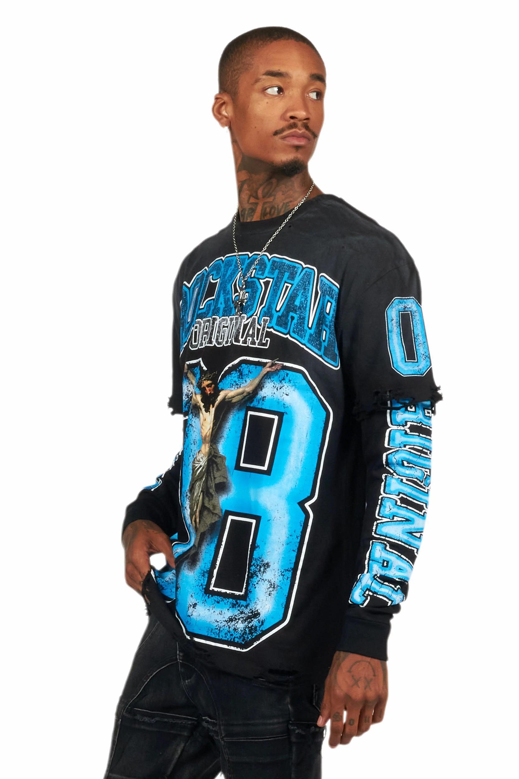 Fields Black/Blue Double Layer Long Sleeve Graphic T-Shirt Male Product Image