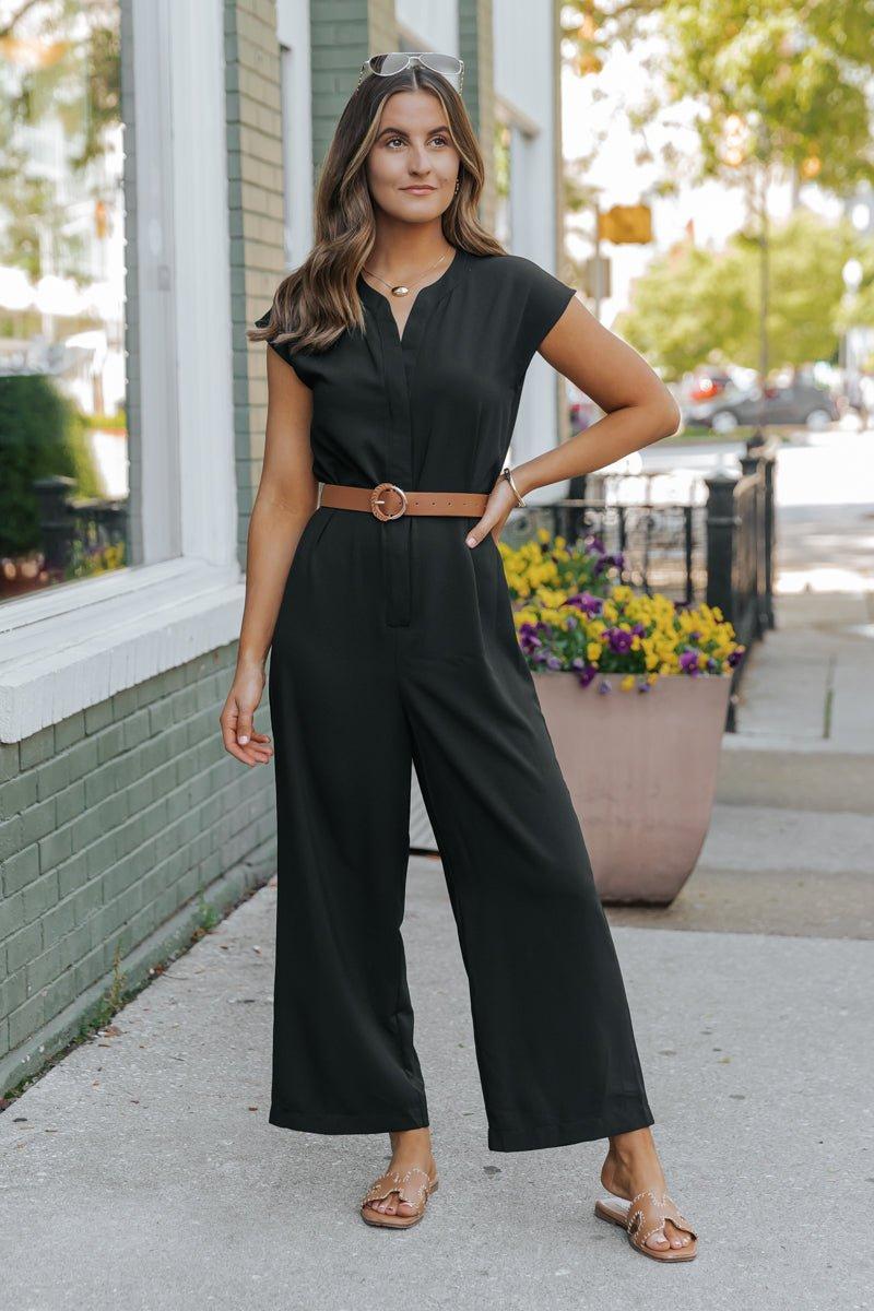 Black Short Sleeve Belted Jumpsuit Product Image