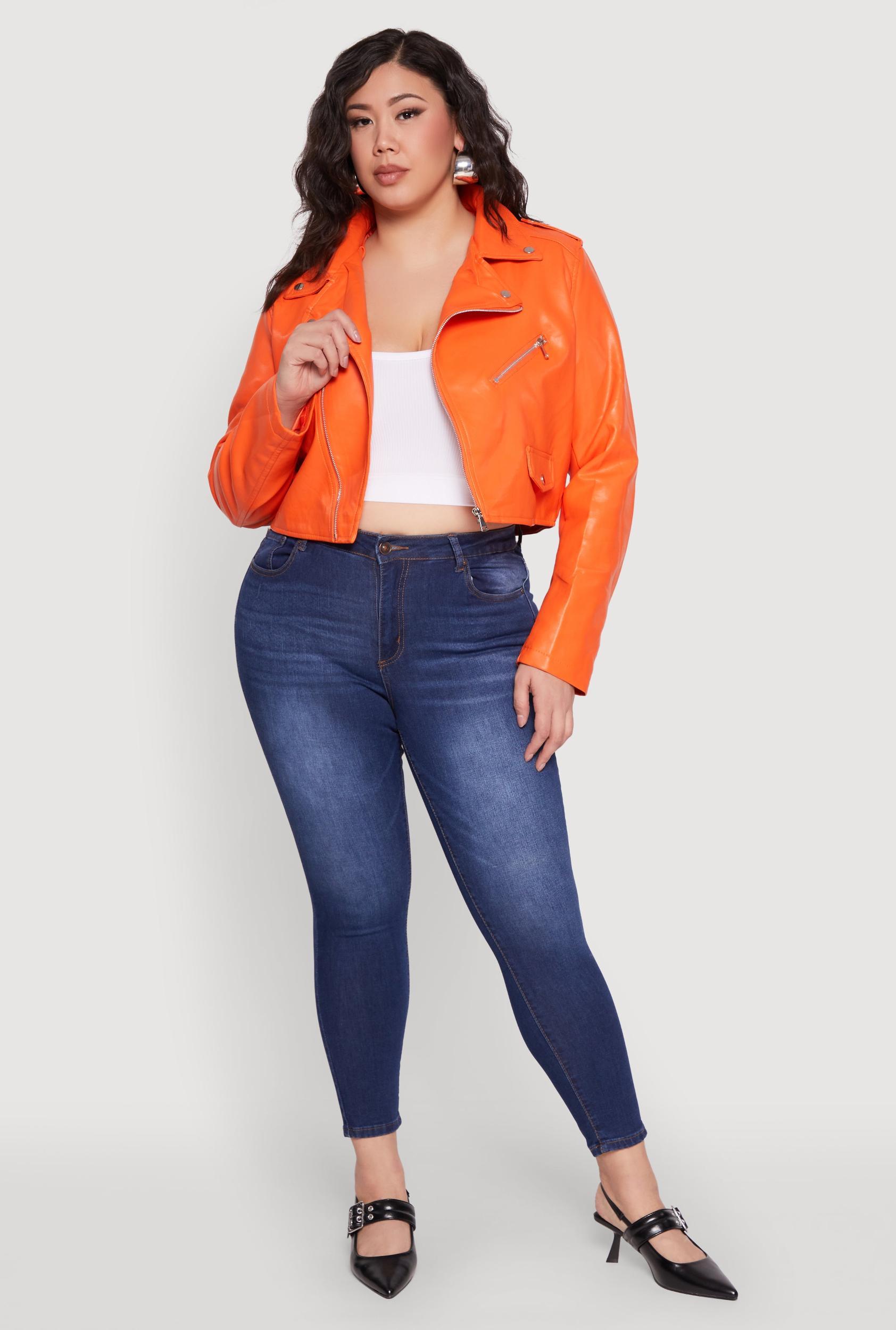 Womens Plus Size Daisy Faux Leather Cropped Moto Jacket Product Image