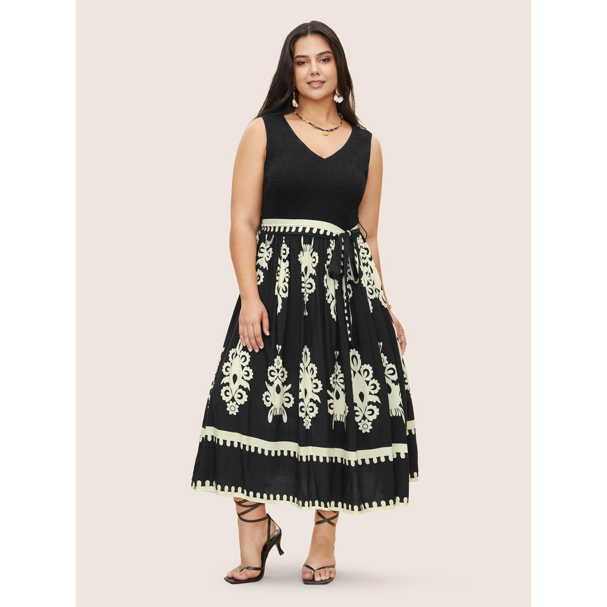 Plus Size Rayon Boho Print Shirred Belted Dress Black Women Resort Belted V-neck Sleeveless Curvy Midi Dress BloomChic 22-24/3X Product Image
