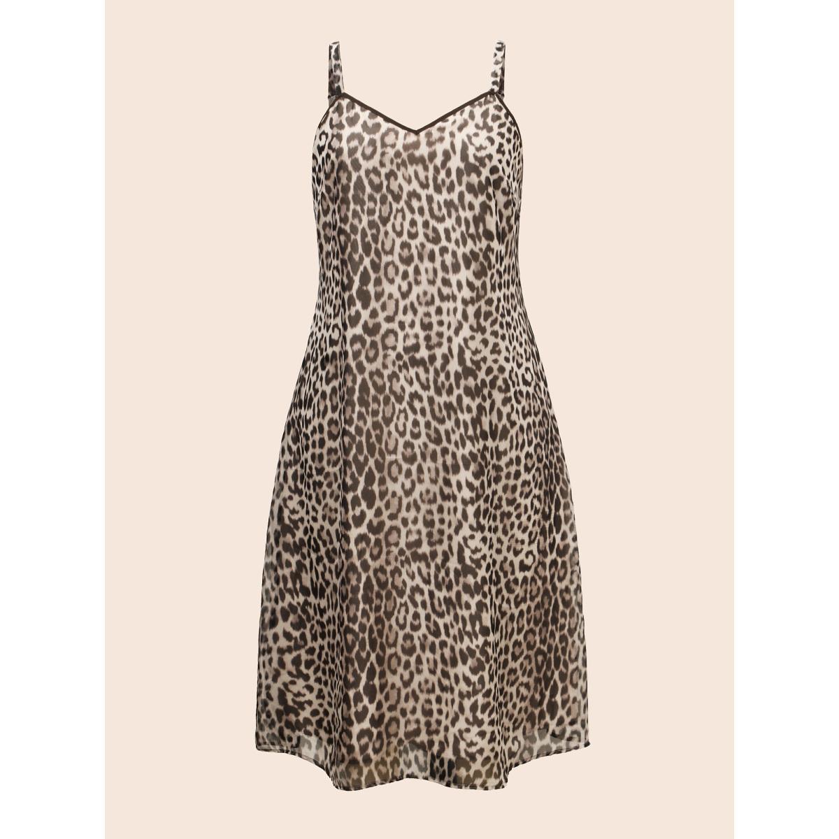 Plus Size Leopard Print Mesh Cami Dress LightBrown Women At the Office See through V-neck Sleeveless Curvy BloomChic 28/5X Product Image